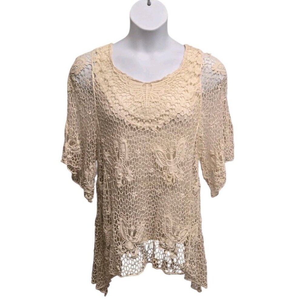 V Cristina Top Womens Large Ivory Crochet Quarter Sleeve Blouse Boho  Romantic